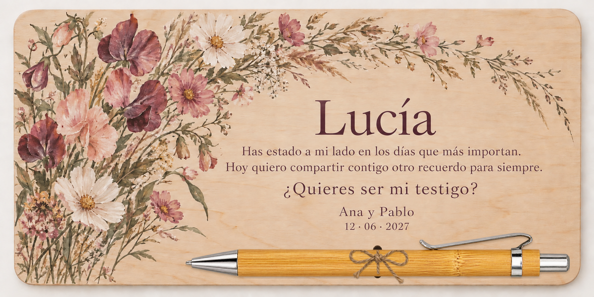 Plaque de contreplaqué imprimée en couleur avec des fleurs sauvages, le prénom Lucía et un stylo en bambou