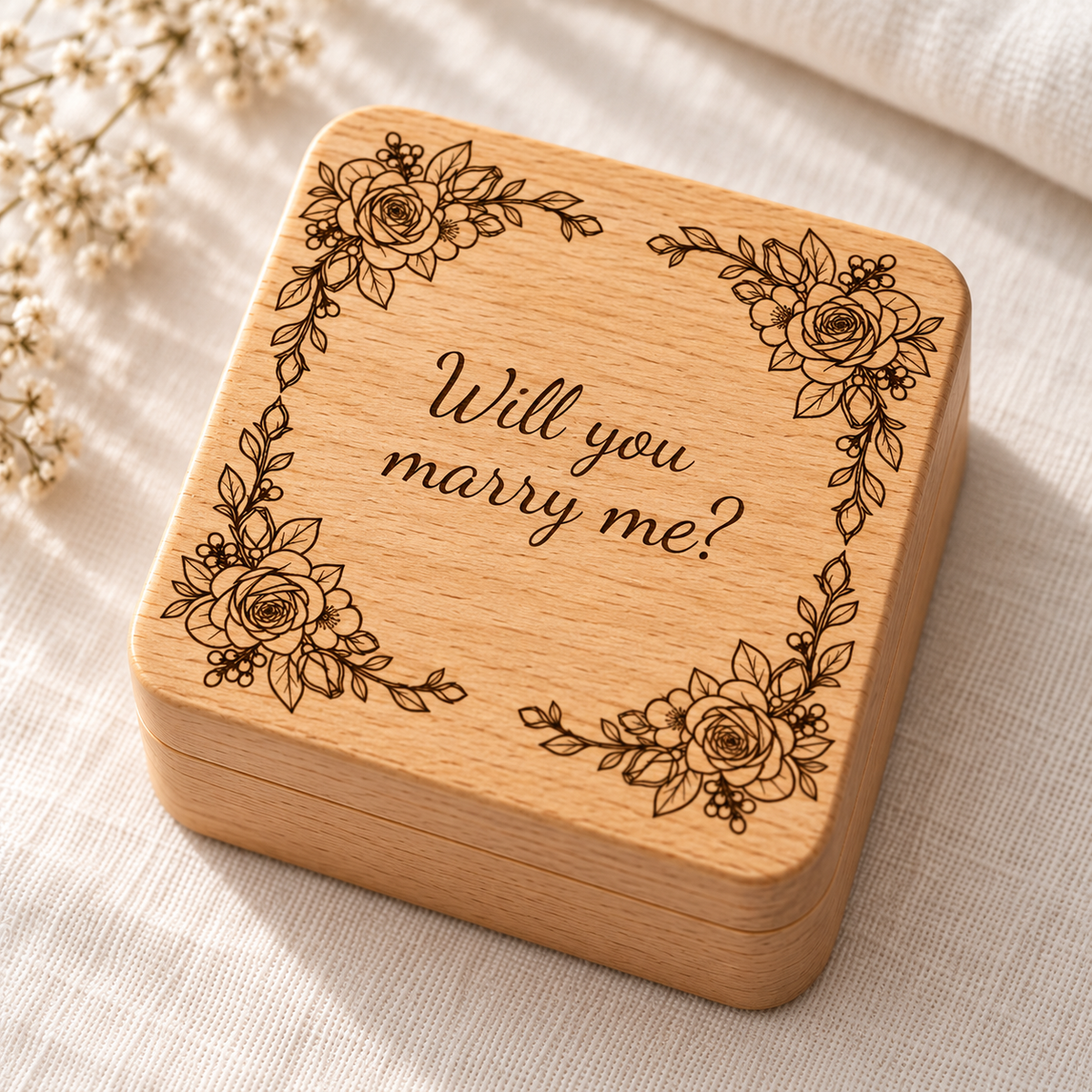 Caja de anillos cuadrada de haya, grabada con láser, con el texto «Will you marry me?».