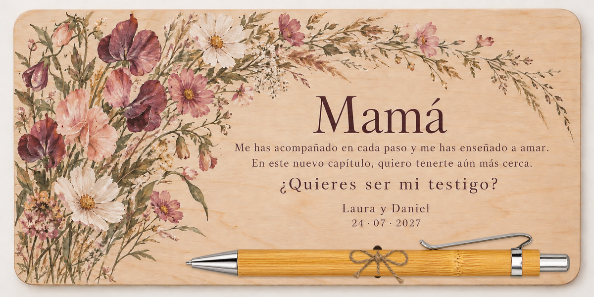 Plaque imprimée en couleur avec des fleurs sauvages, le texte Mamá et un stylo en bambou