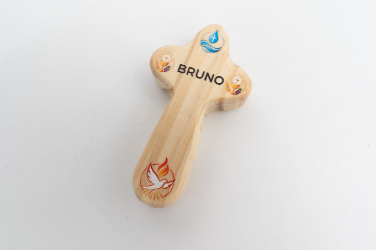Croix de Poche en bois avec prénom et motifs de communion imprimés en couleur