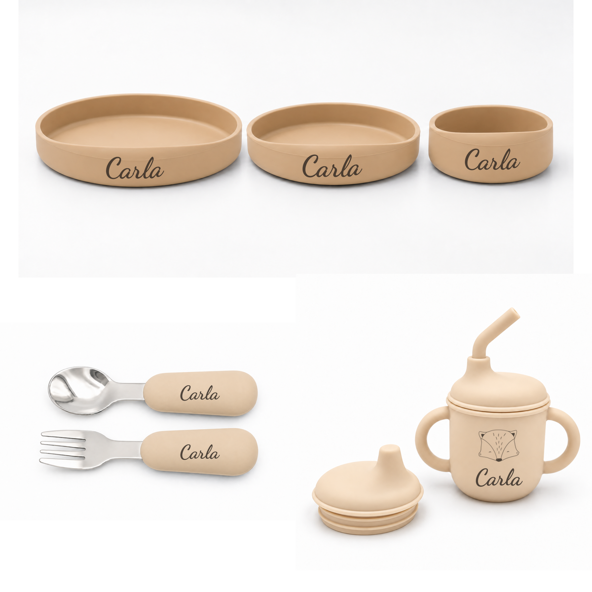 Vajilla de bebé personalizada de 6 piezas en Beige, con nombre y animalito en el vaso