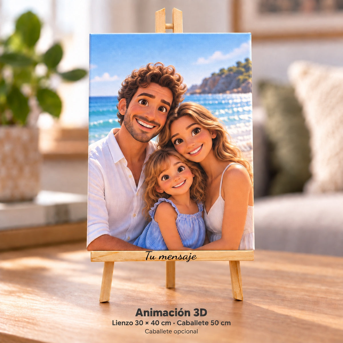 Animación 3D: simulación de lienzo 30 × 40 cm con caballete opcional de 50 cm y Tu mensaje en el travesaño. Misma foto de ejemplo.