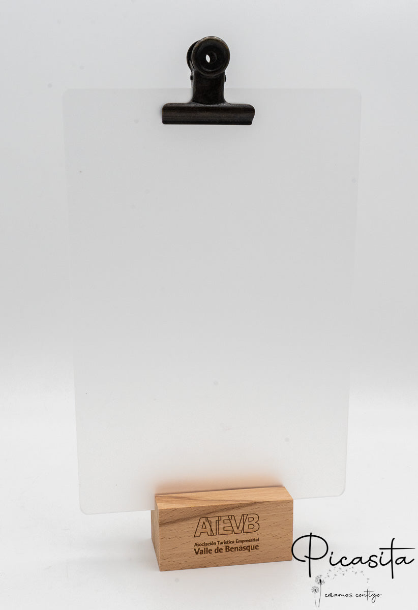 Support de table avec socle en hêtre, plaques en acrylique transparent et pince métallique foncée