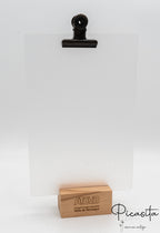 Support de table avec socle en hêtre, plaques en acrylique transparent et pince métallique foncée