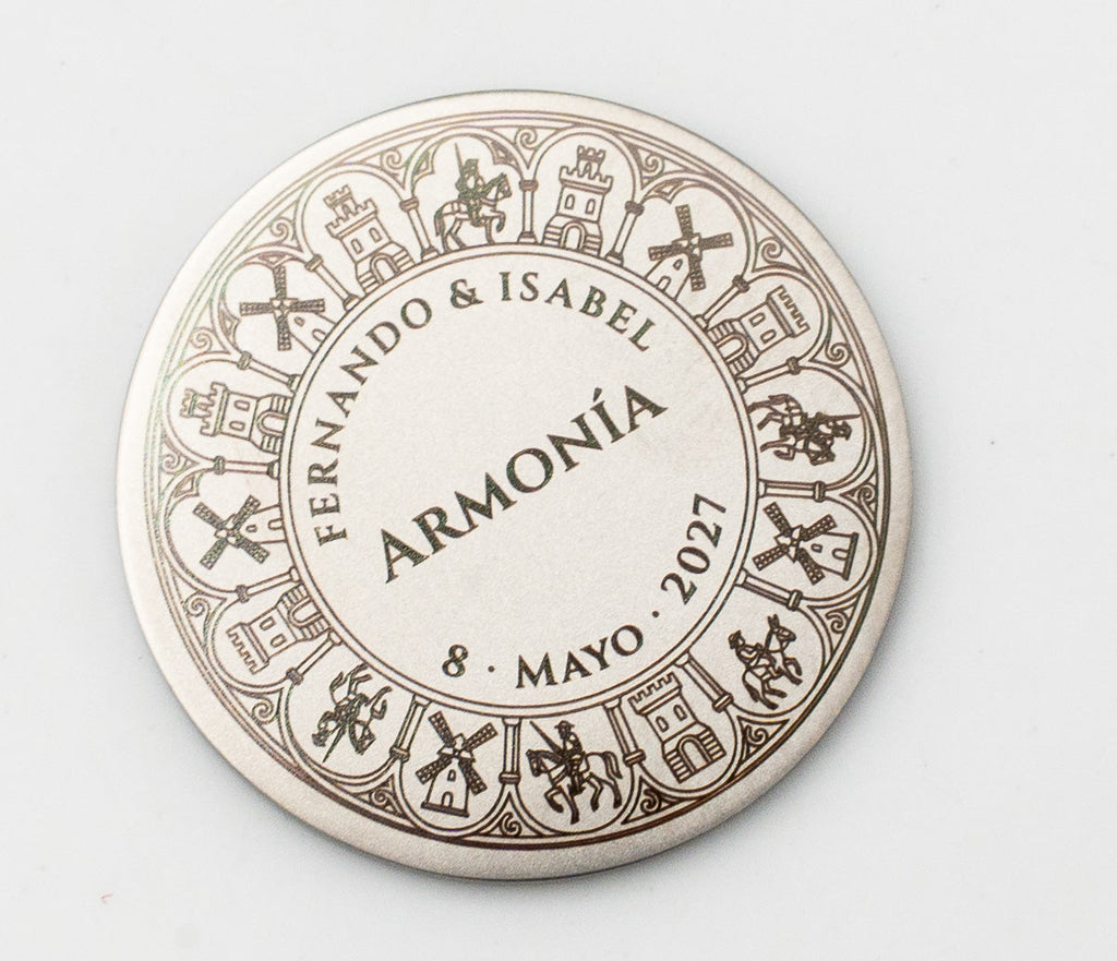 Pièce de mariage castillane gravée de châteaux, moulins et chevaliers médiévaux