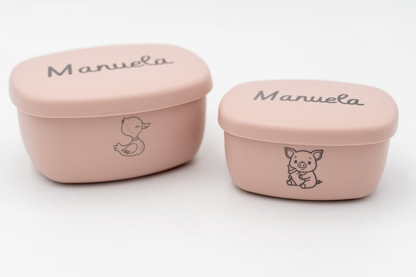 Pack de dos tuppers rosa personalizados con nombres y dibujos