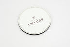 Sous-verre rond blanc avec logo Chevalier gris.