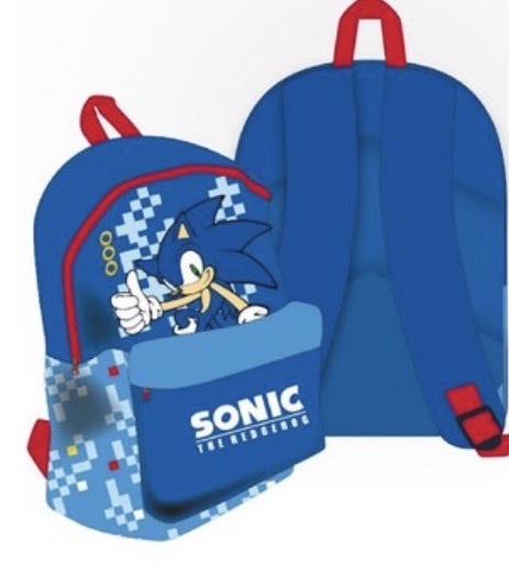 Mochila escolar azul de Sonic con estampado pixelado, bolsillo frontal con logo y tirantes rojos acolchados.