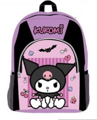 Sac à dos scolaire Kuromi lilas et noir avec poches latérales en maille et bretelles rembourrées