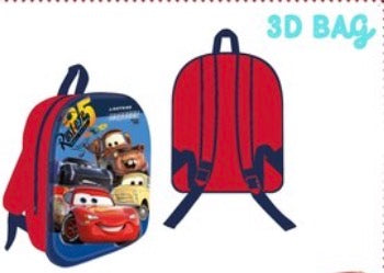 Mochila infantil roja y azul con relieve 3D de Rayo McQueen y Mate de Disney Cars.