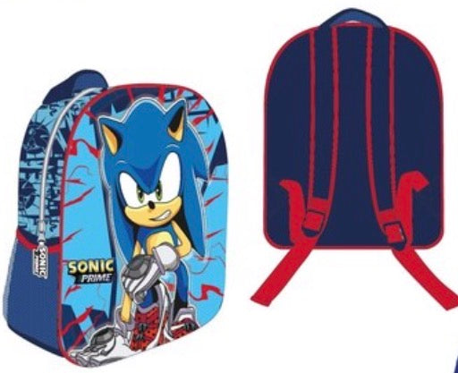 Sac à dos scolaire bleu Sonic Prime avec détails rouges, bretelles rembourrées réglables et poignée supérieure