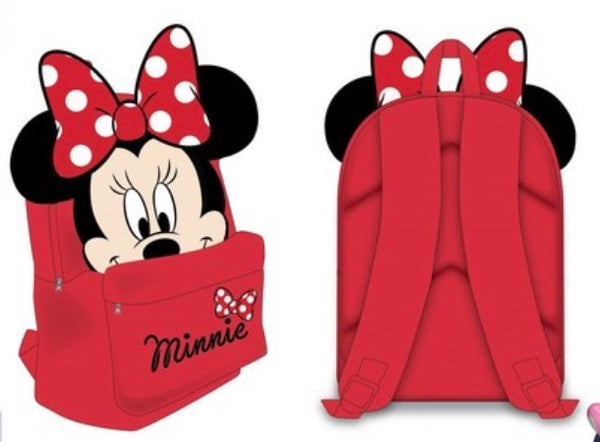 Sac à dos scolaire rouge Minnie Mouse avec oreilles noires et nœud à pois en 3D, vues avant et arrière
