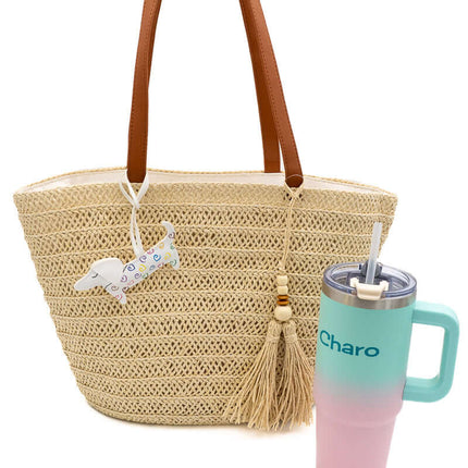 Bolso de Playa con Cremallera Marron Borlas