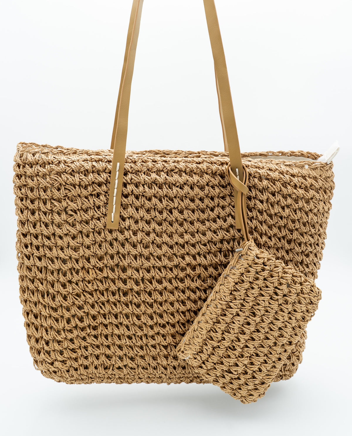 Sac rectangulaire en fibre tressée marron avec anses en cuir PU et petite trousse suspendue