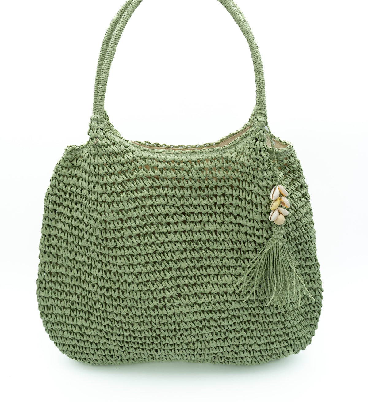 Sac de plage vert à fermeture éclair et franges