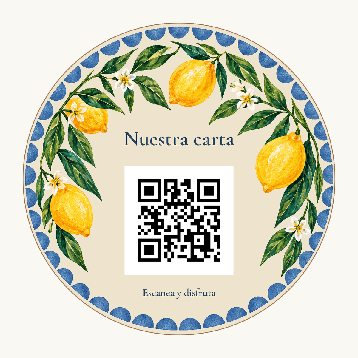 Simulation de Pancarte de menu avec QR méditerranéen et socle · exemple 1