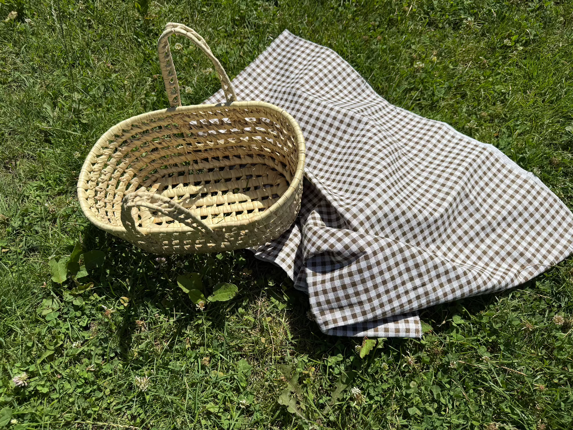 Cesta de rafia artesanal vacía junto a un paño de tela a cuadros sobre hierba.