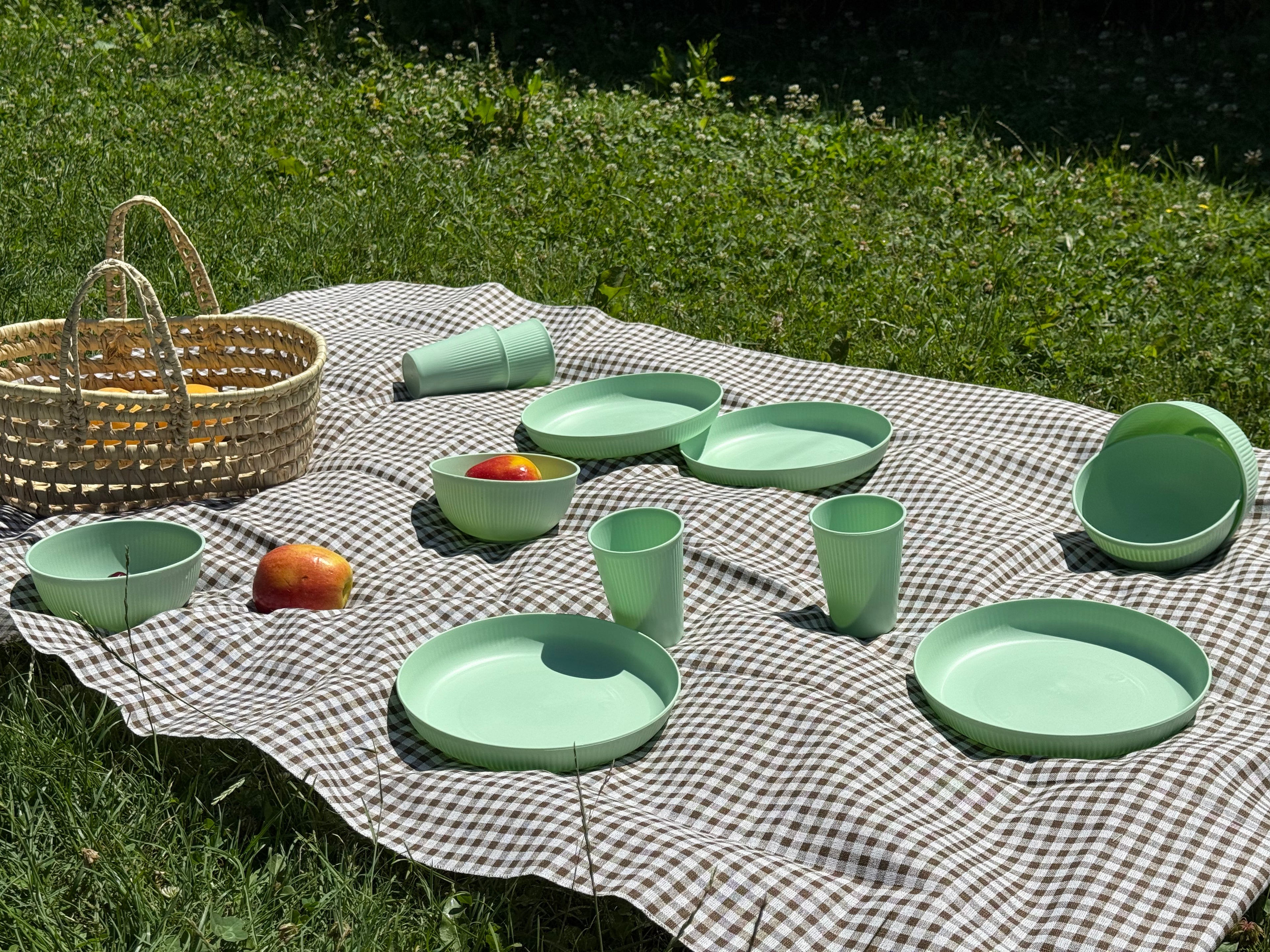 Set de vajilla de picnic verde menta distribuido sobre paño de cuadros en el campo.