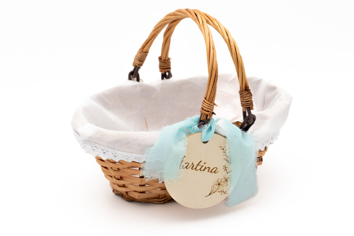 Panier à fleurs ovale avec doublure textile blanche et nœud bleu pâle