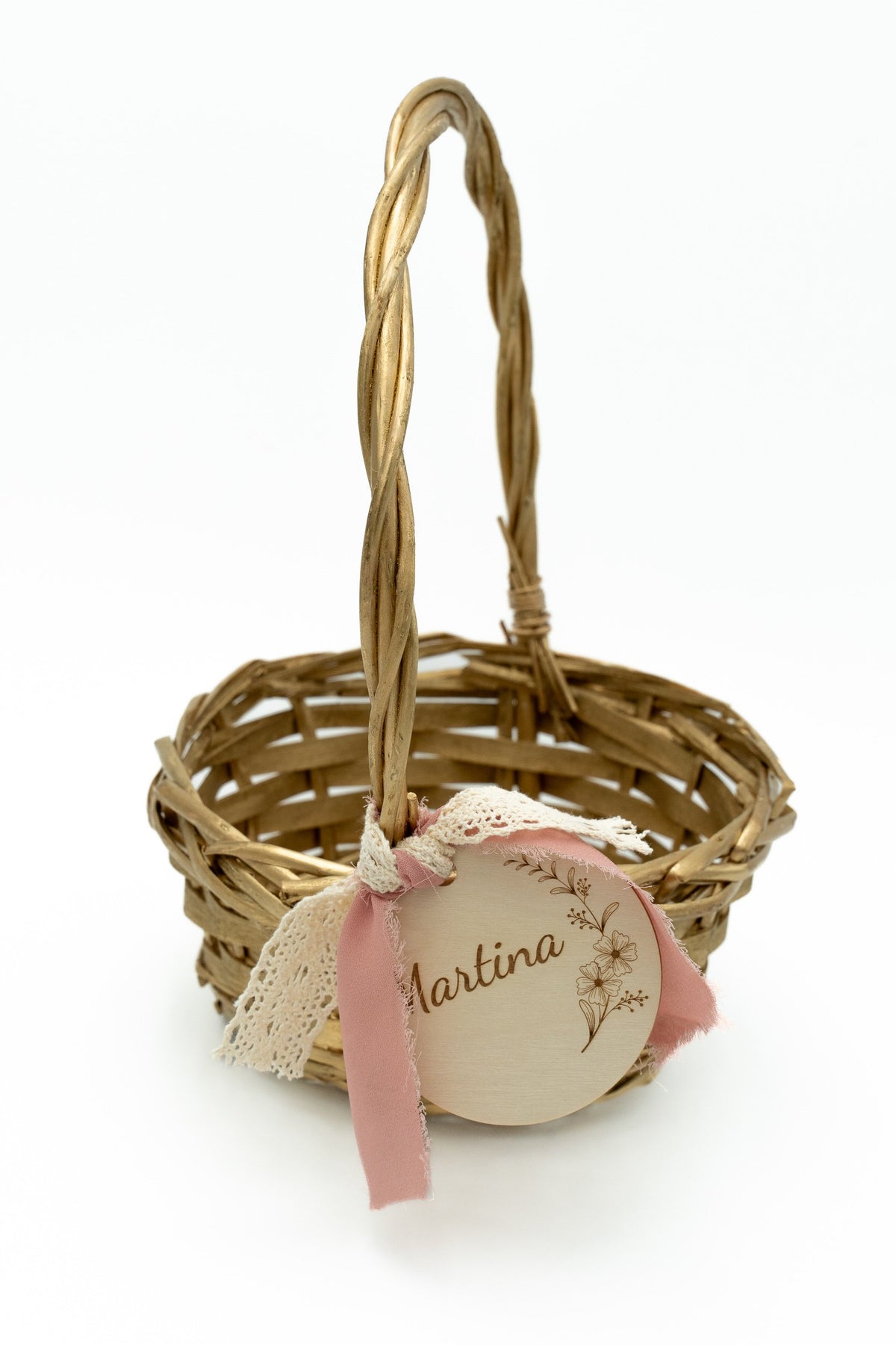 Panier doré avec anse haute, nœud rose et le prénom Martina
