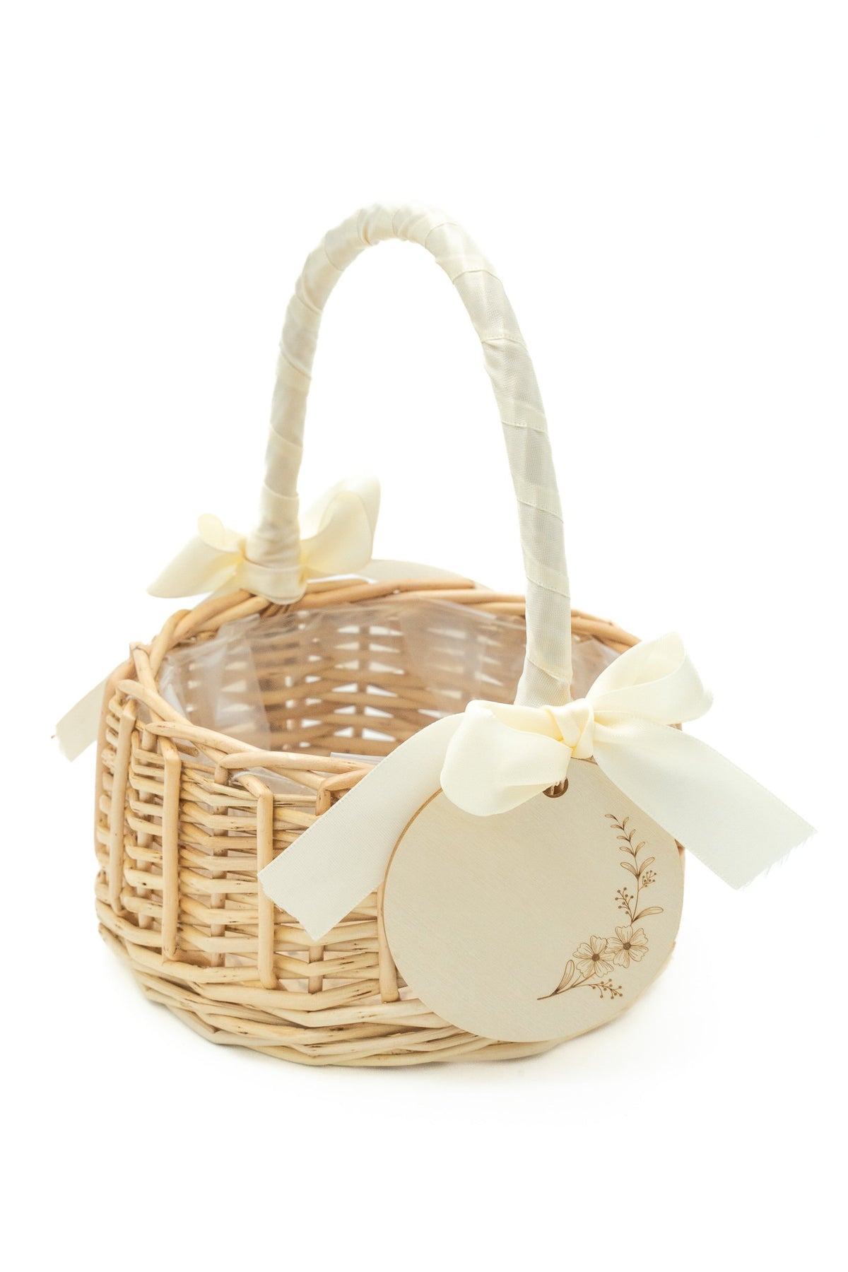 Panier en rotin avec nœud crème et disque avec le prénom Martina