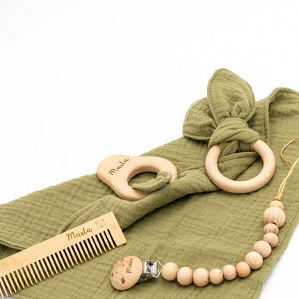 Conjunto Muselina, Chupetero Personalizado, Mordedor y Peine