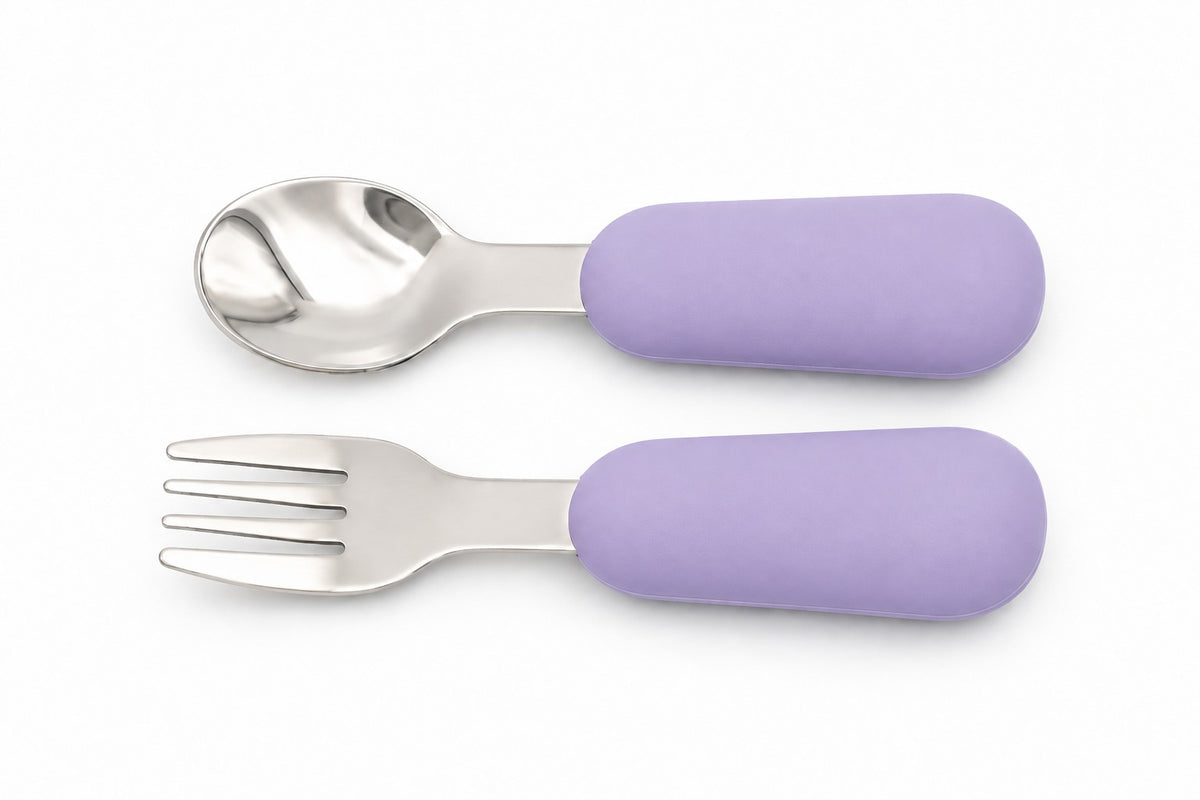 Couverts bébé DME, cuillère et fourchette en silicone couleur lilas