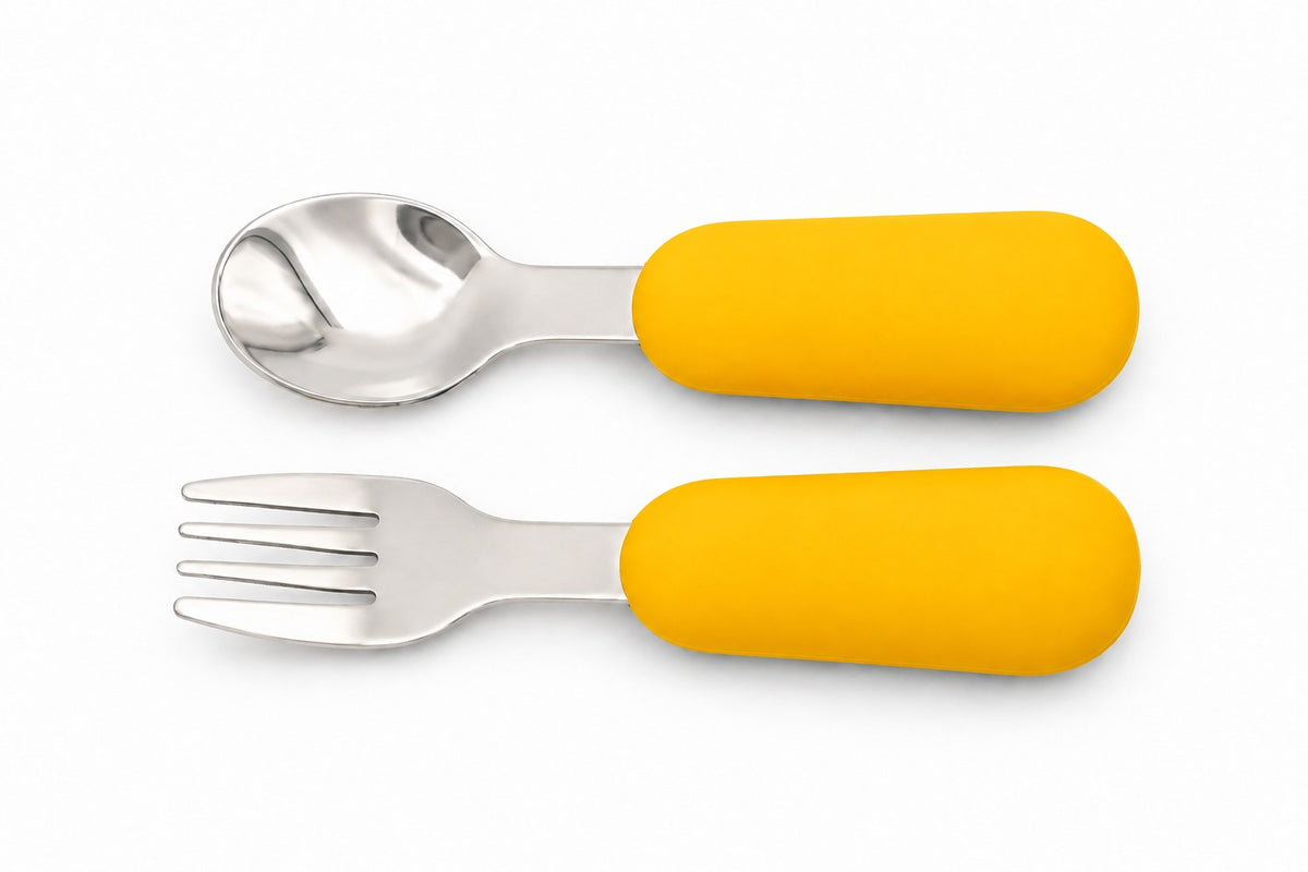 Couverts bébé DME, cuillère et fourchette en silicone couleur mangue