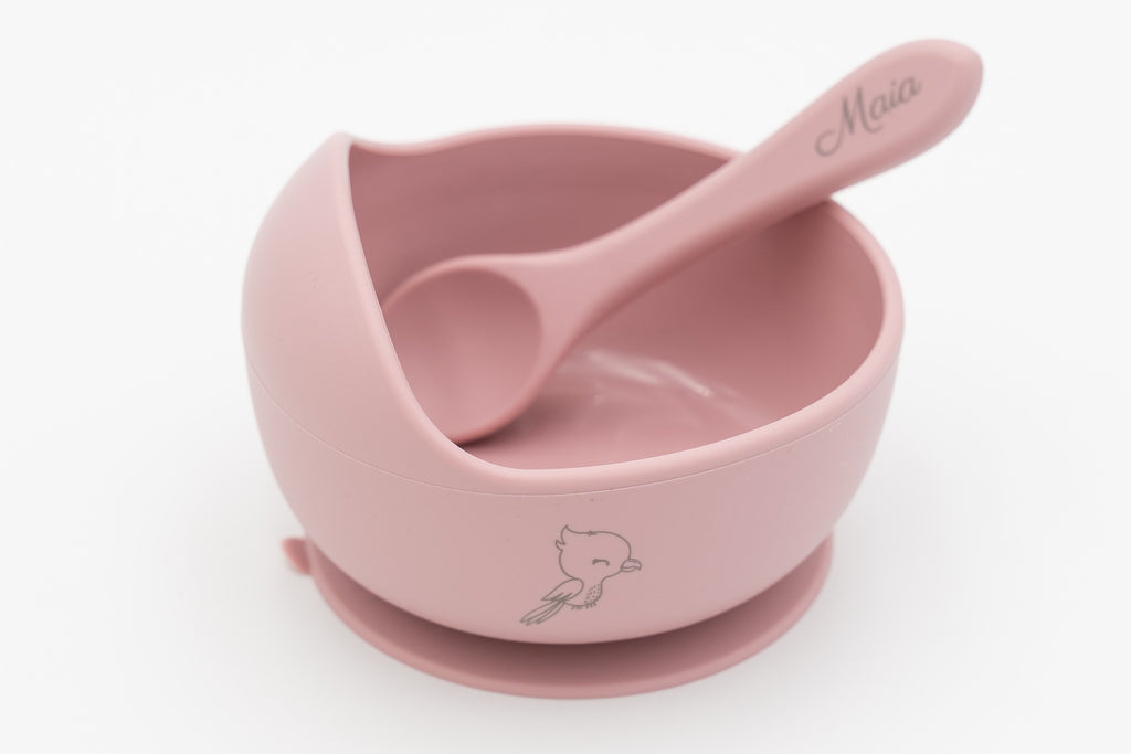 Bol rose avec oiseau et cuillère avec prénom