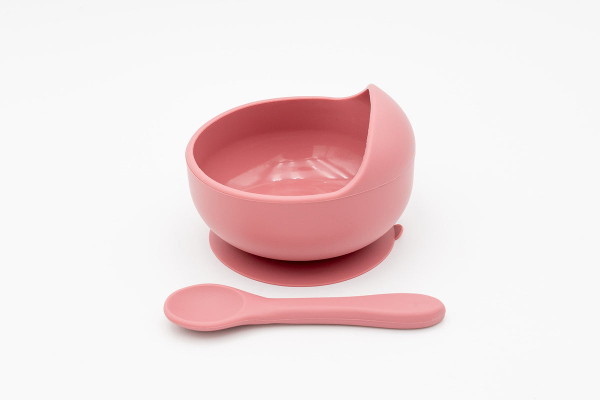 Bol rose foncé avec ventouse et cuillère assortie