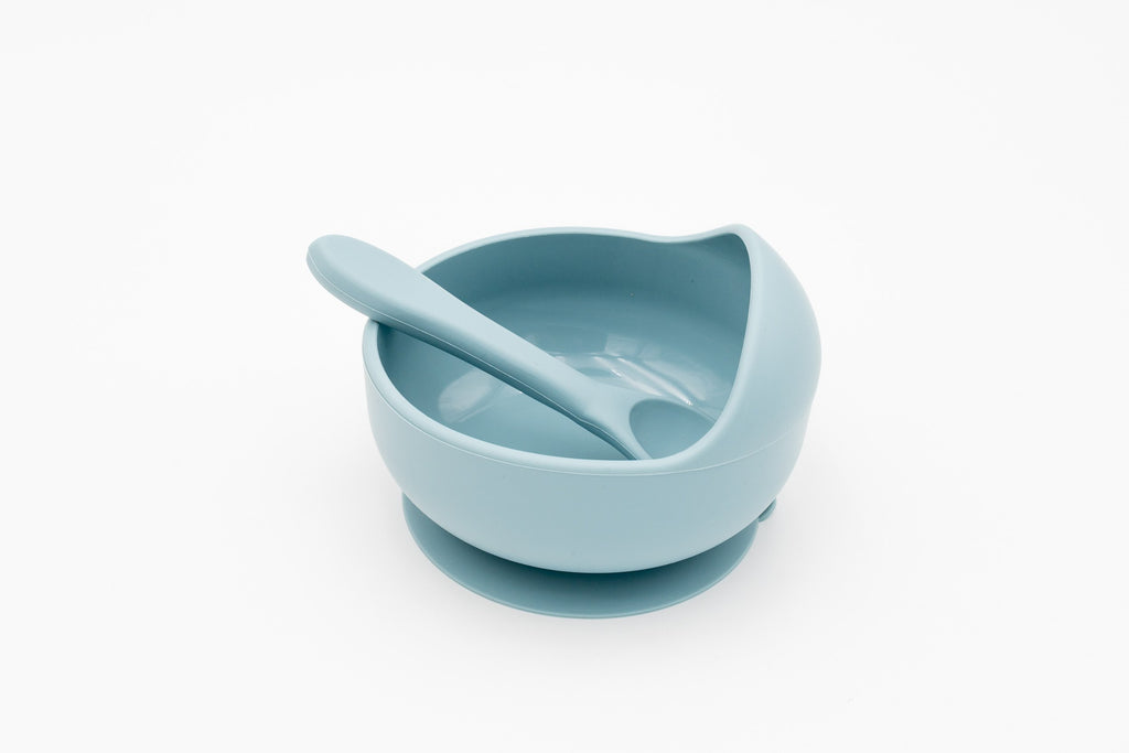 Bol bleu en silicone avec ventouse et cuillère assortie