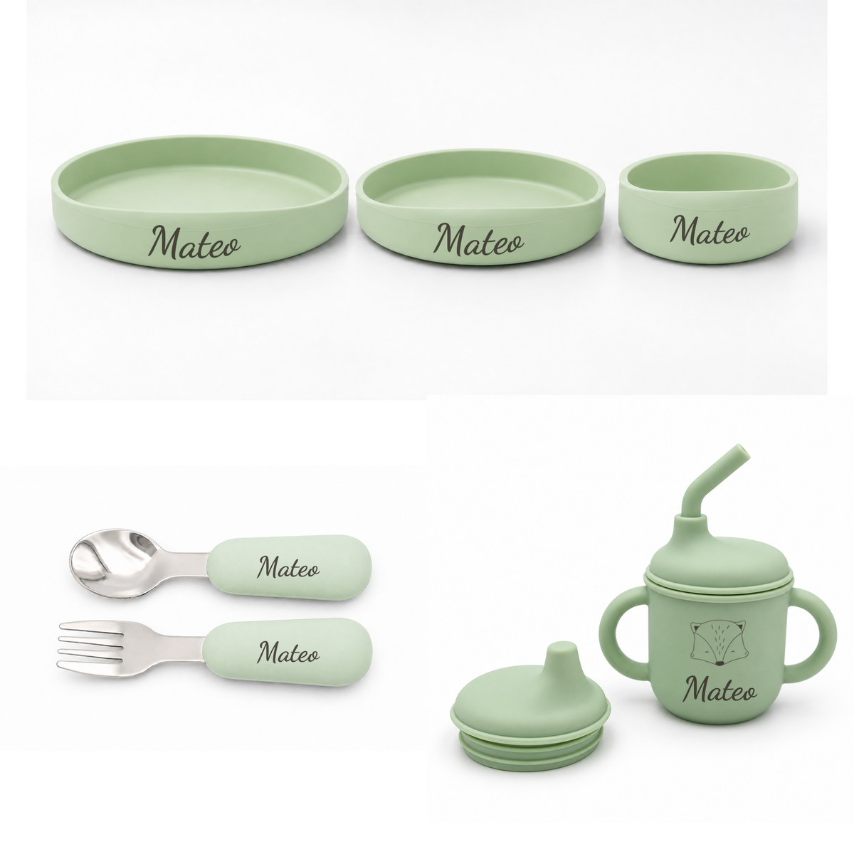 Vajilla de bebé personalizada de 6 piezas en Verde Clarito, con nombre y animalito en el vaso