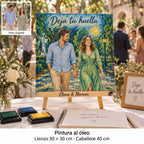 Toile de mariage de 30 × 30 cm avec portrait façon peinture à l’huile et « Deja tu huella », près d’un arbre à empreintes et de tampons encreurs.