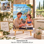 Toile de 30 × 40 cm avec portrait en animation 3D et « Grazie di cuore », sur chevalet personnalisé à la table des cadeaux de mariage.