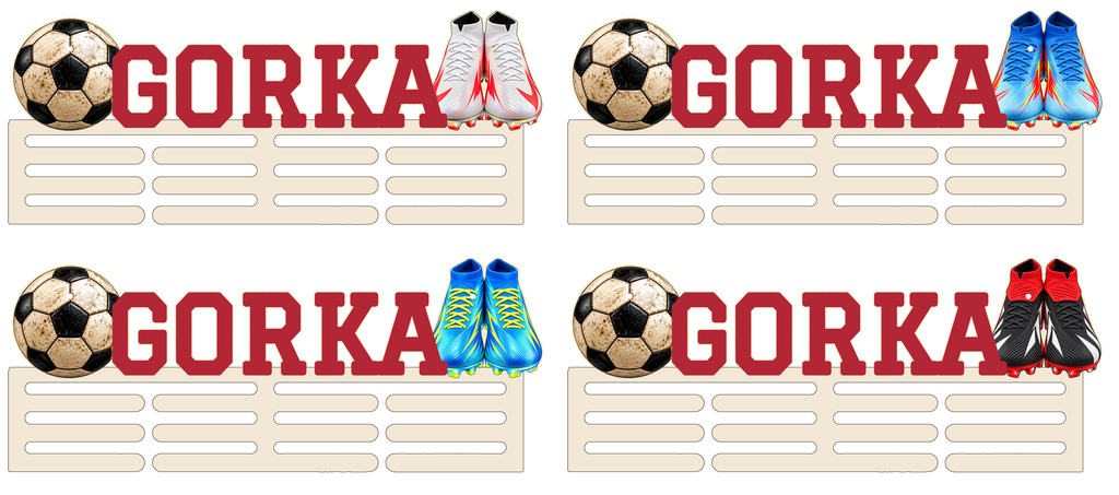 Quatre options de chaussures pour le porte-médailles de football : blanc/carmin, bleu-rouge-jaune, bleu/citron vert et noir-blanc-rouge
