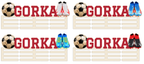 Quatre options de chaussures pour le porte-médailles de football : blanc/carmin, bleu-rouge-jaune, bleu/citron vert et noir-blanc-rouge