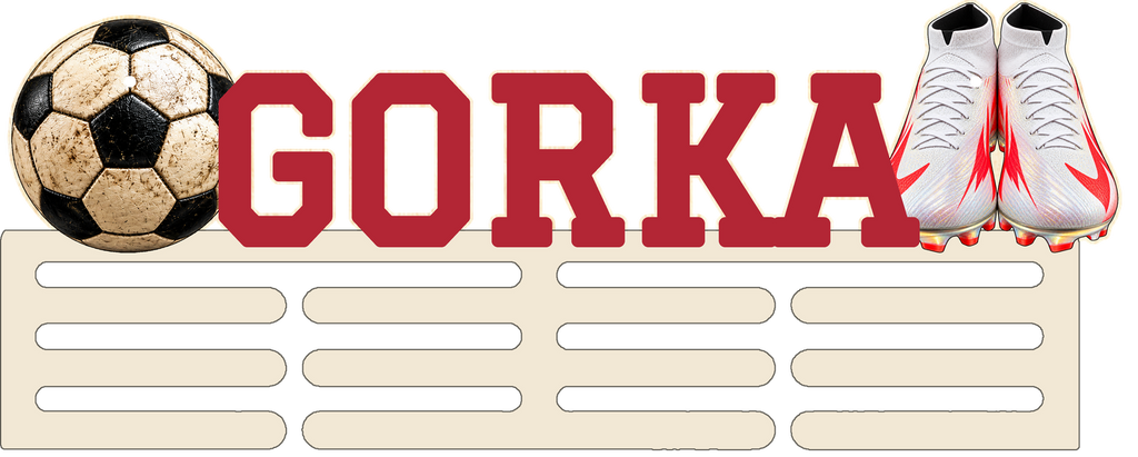 Porte-médailles de football GORKA avec barres ivoire, lettres rubis et chaussures blanc/carmin, en couleur unie