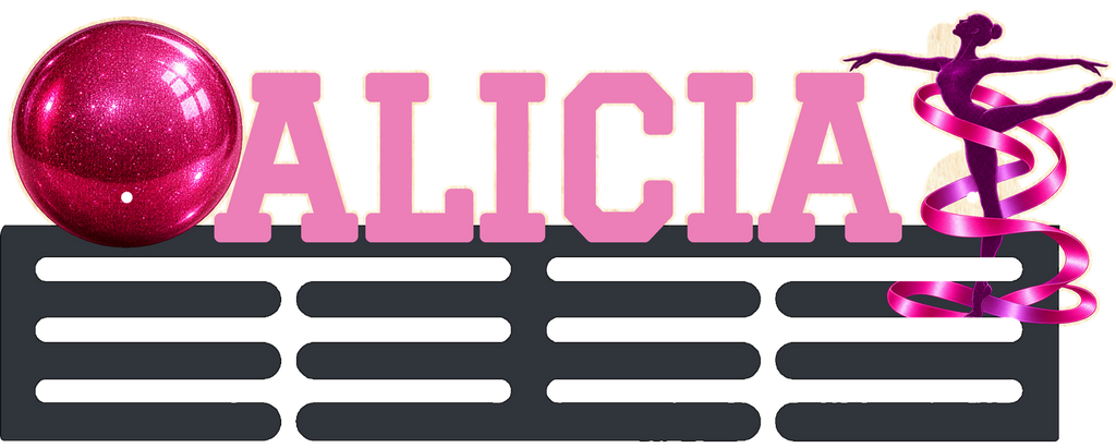 Porte-médailles de gymnastique rythmique ALICIA avec barres graphite et lettres roses, en couleur unie