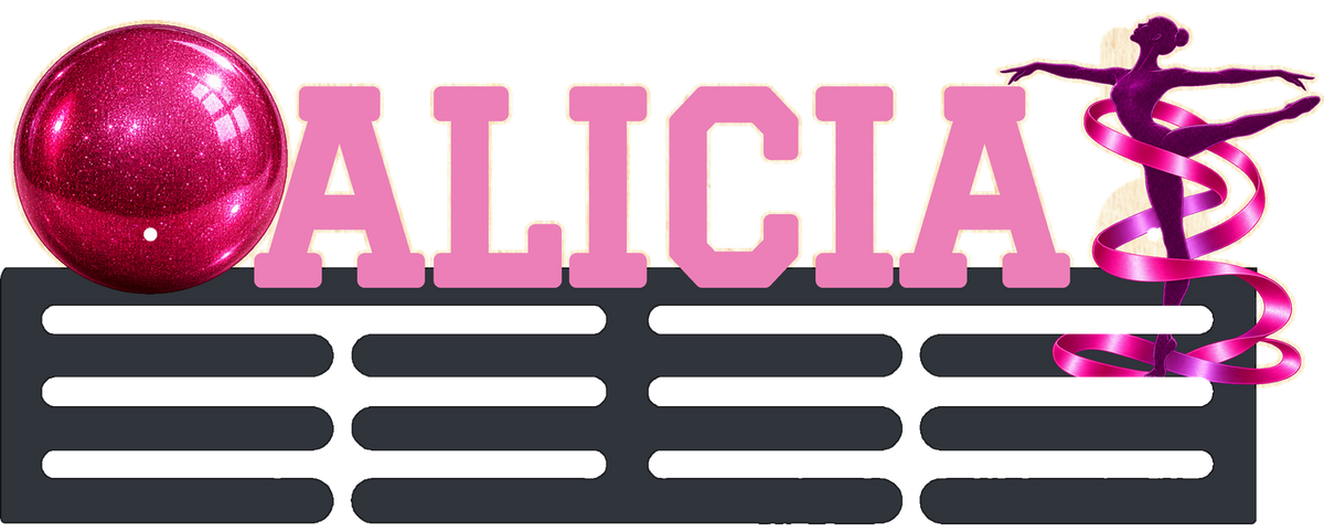 Porte-médailles de gymnastique rythmique ALICIA avec barres graphite et lettres roses, en couleur unie