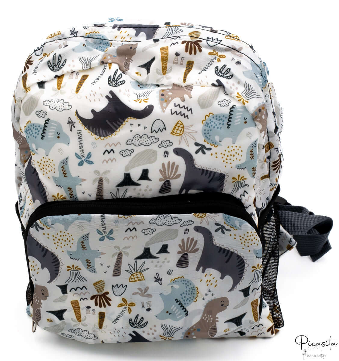 Mochila infantil blanca con estampado de dinosaurios en tonos azules, grises y marrones.