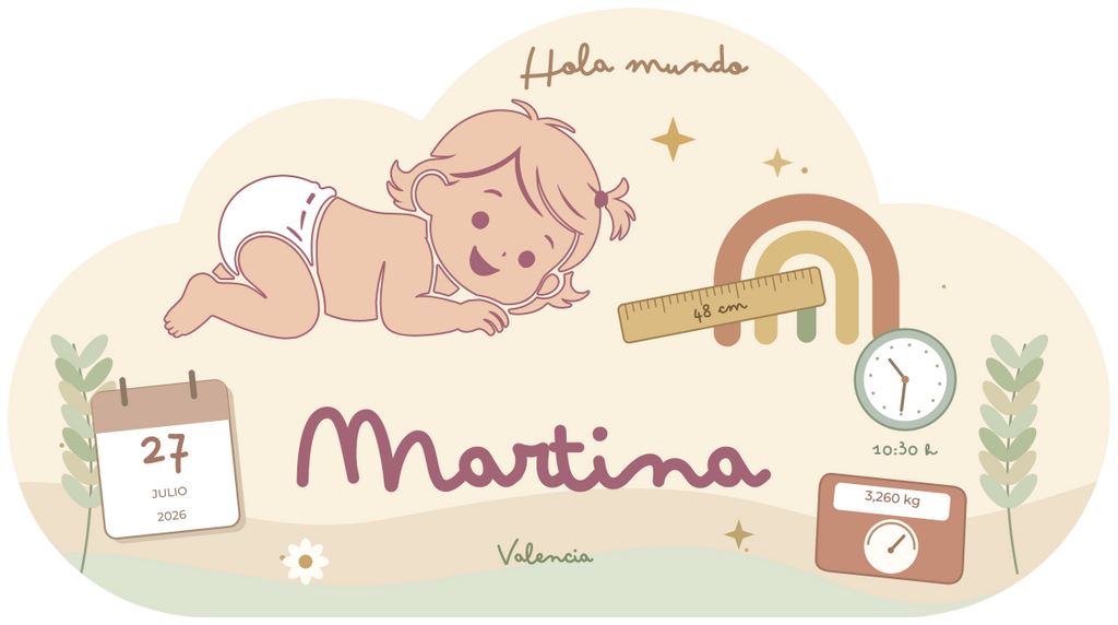 Plaque de naissance Nube niña Hola mundo en rose poudré, avec Martina, arc-en-ciel et informations de naissance.