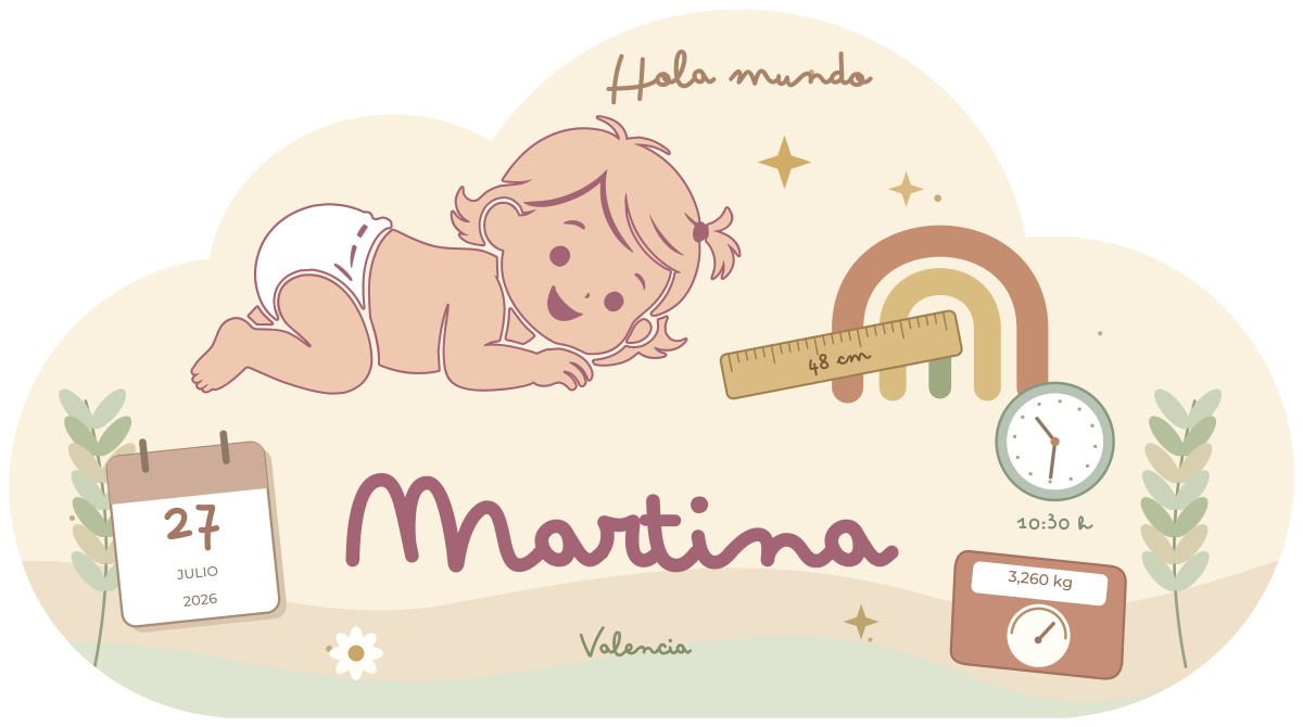 Plaque de naissance Nube niña Hola mundo en rose poudré, avec Martina, arc-en-ciel et informations de naissance.