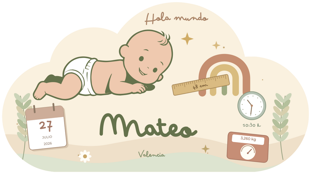 Plaque de naissance Nube niño Hola mundo en vert olive, avec Mateo, arc-en-ciel et informations de naissance.