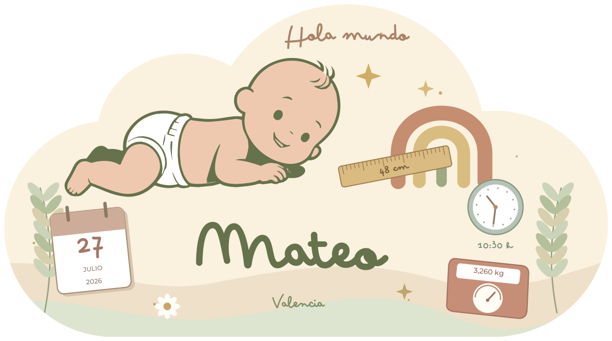 Plaque de naissance Nube niño Hola mundo en vert olive, avec Mateo, arc-en-ciel et informations de naissance.