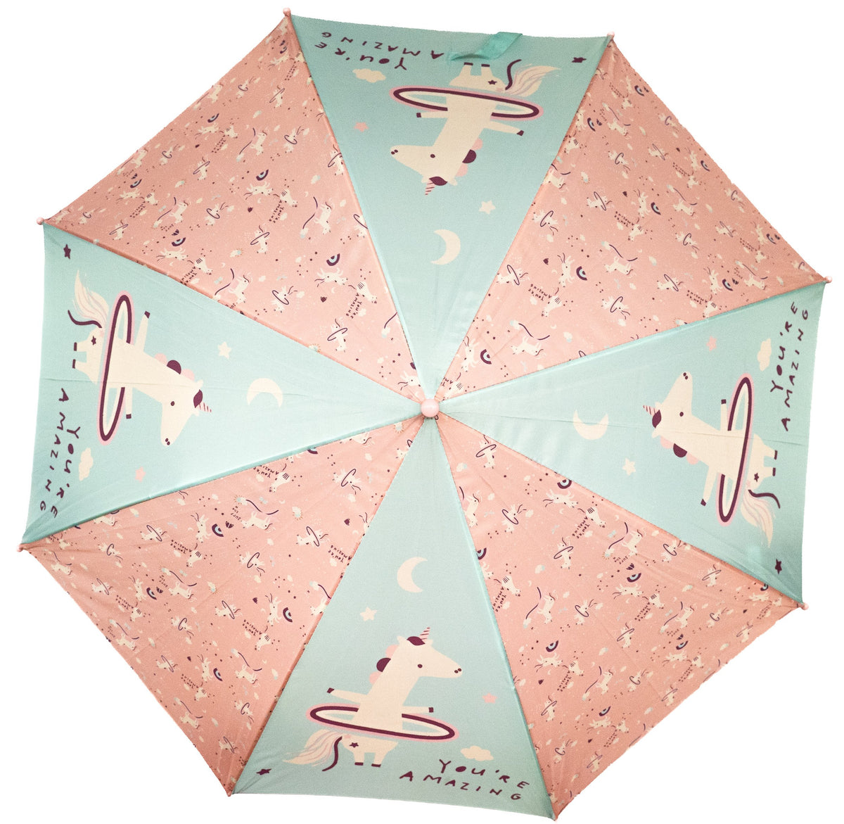 Parapluie enfant ouvert avec motif de licornes dans des tons rose et vert d'eau