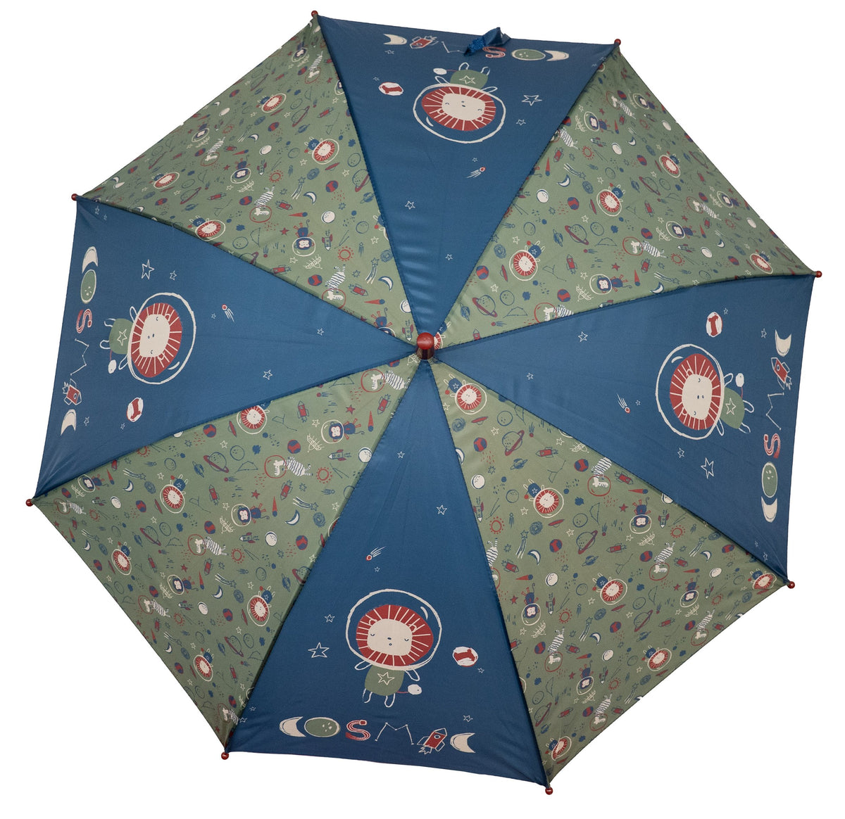 Parapluie enfant ouvert avec motif de lion astronaute et de planètes