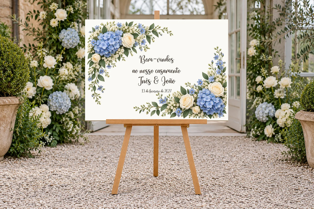 Panneau de bienvenue de mariage A3 en couleur, modèle Azul, avec texte en portugais, sur un chevalet dans une entrée fleurie.