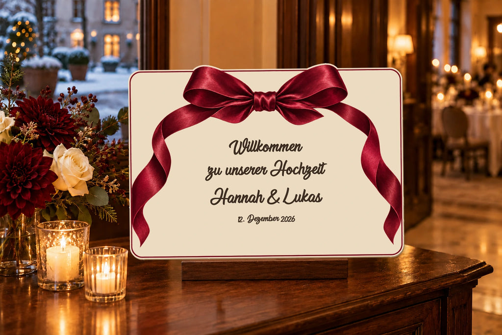 Panneau de bienvenue de mariage A3 en couleur, modèle Lazo, avec texte en allemand, sur un support de table lors d’une réception hivernale.