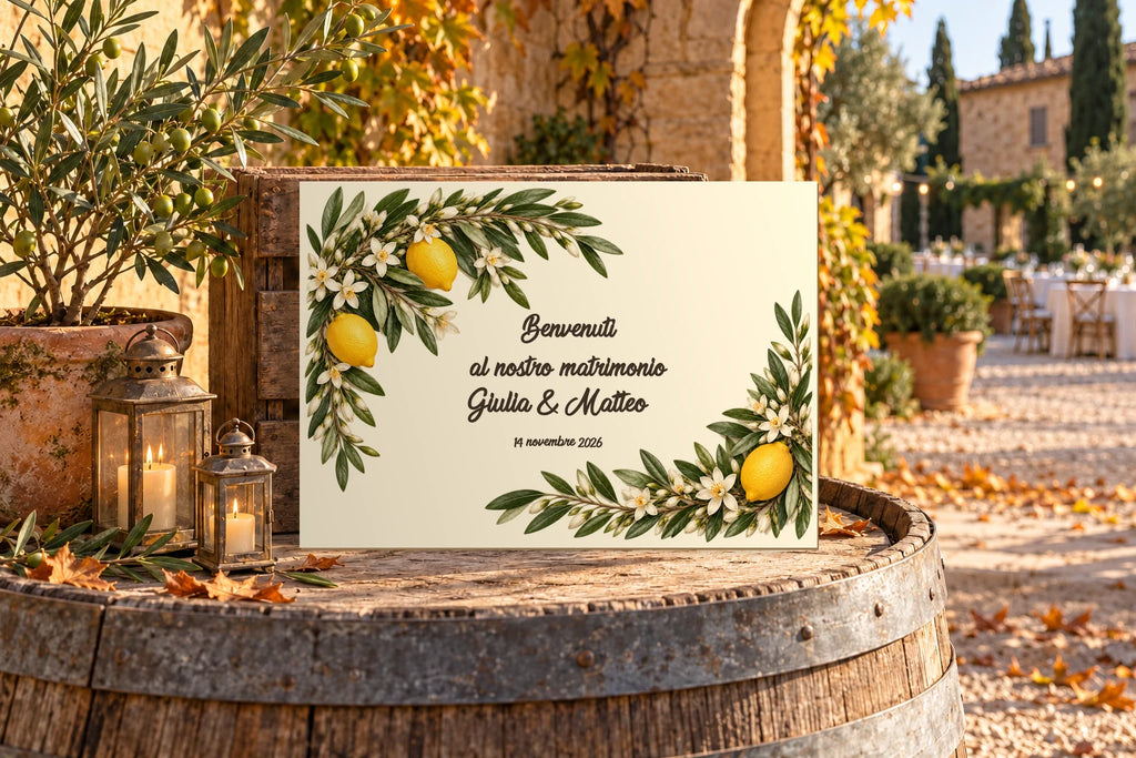 Panneau de bienvenue de mariage A3 en couleur, modèle Mediterráneo, avec texte en italien, appuyé contre une caisse posée sur un tonneau.