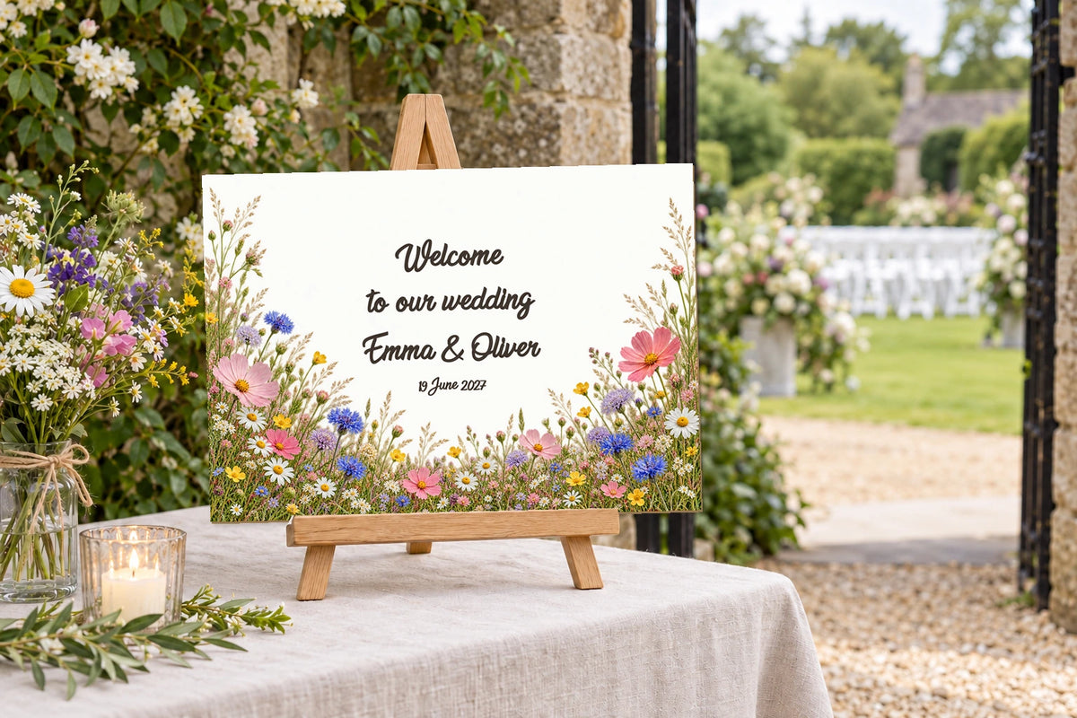 Panneau de bienvenue de mariage A3 en couleur, modèle Pradera, avec texte en anglais, sur un chevalet de table à l’entrée du jardin.